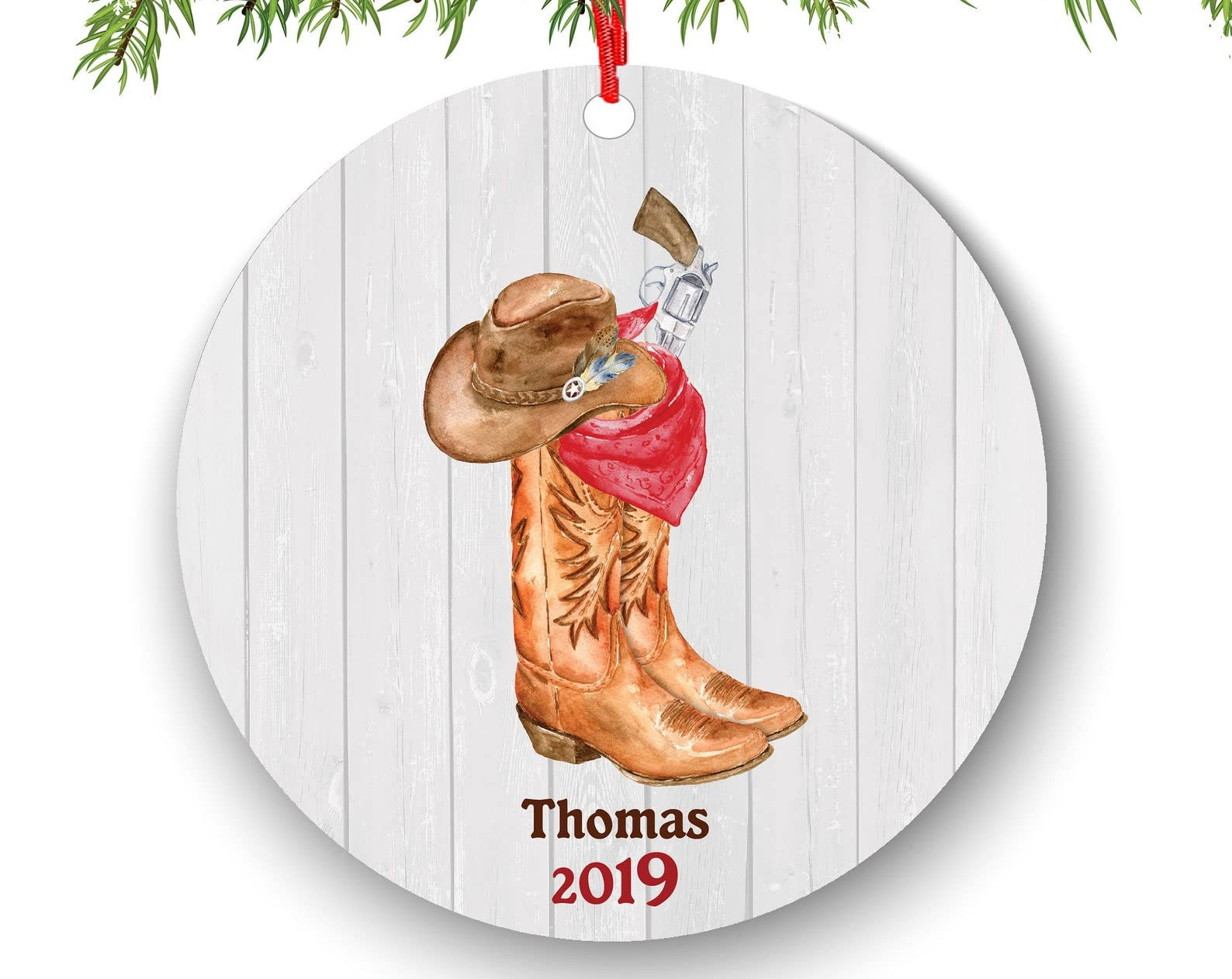 Personalized Cowboy Christmas Tree Ornament Gifts Western Cowboy Boot Hat Gun Scarf Xmas Male Bull Rider Rancher Texas Cowgirl Farm Hanging Decoration Christmas Tree Decor