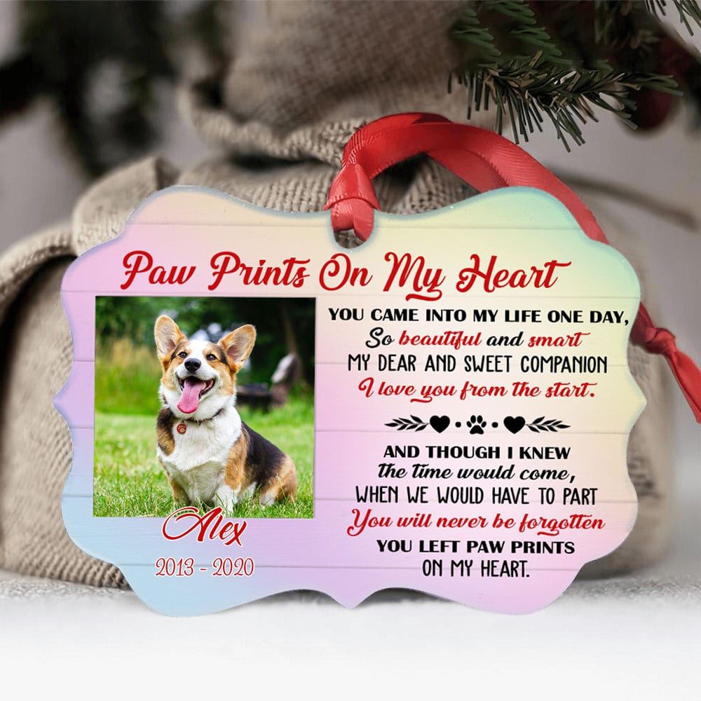 Personalized Dog Cat Loss Memorial Left Paw Prints On My Heart Aluminum Ornament