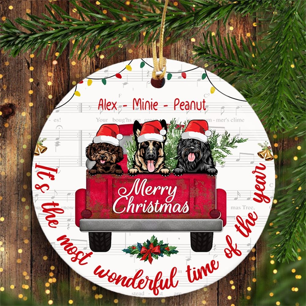 Personalized Dog Red Truck Christmas Circle Ornament Christmas Gift For Dog Lovers