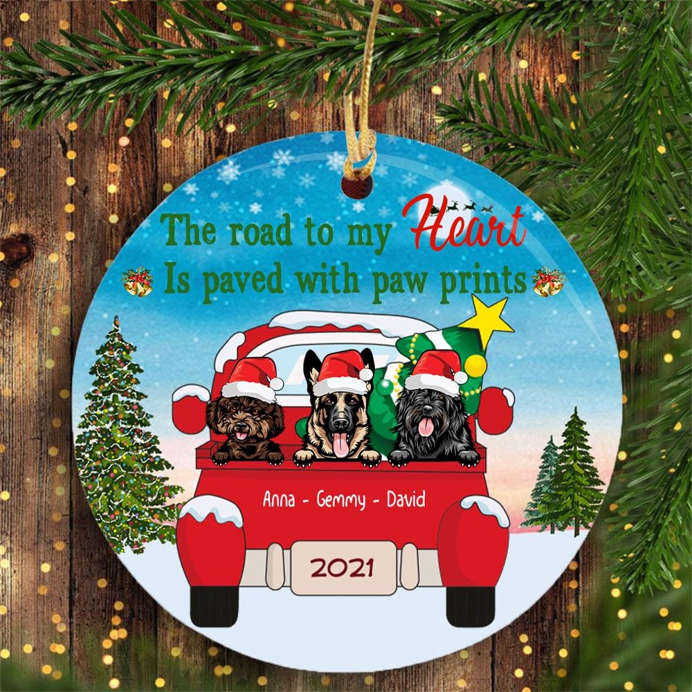 Personalized Dog Red Truck Christmas Circle Ornament Gift For Dog Lover