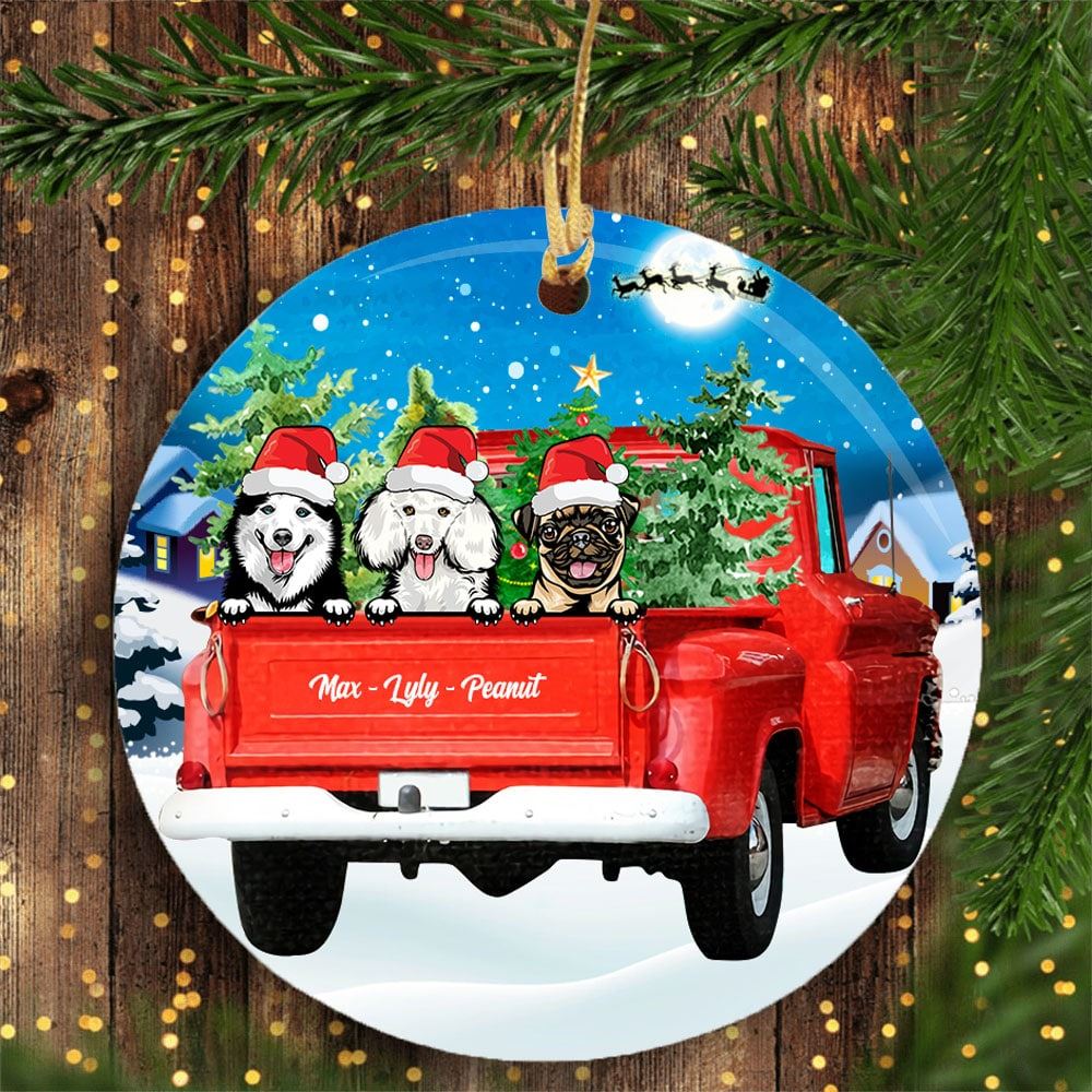 Personalized Dog Red Truck Christmas Circle Ornament Gift For Dog Lovers