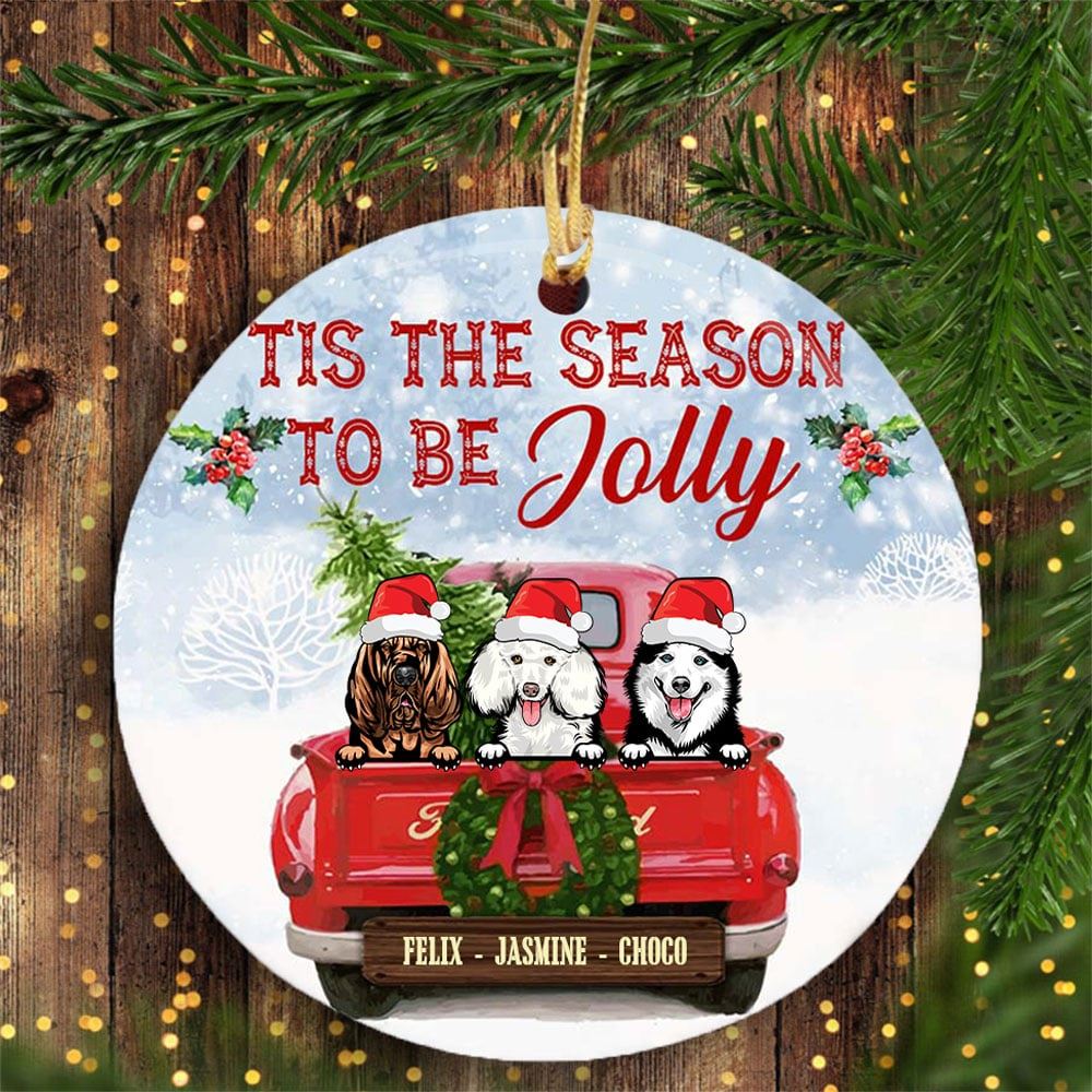 Personalized Dog Red Truck Jolly Christmas Circle Ornament