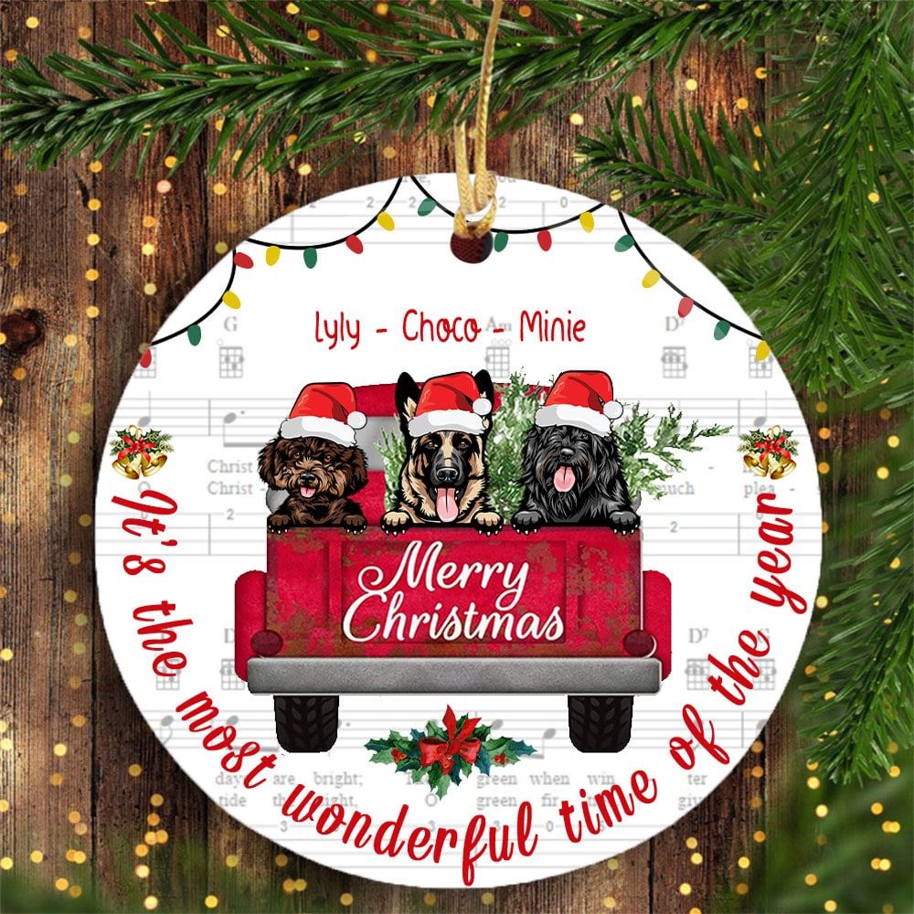 Personalized Dog Red Truck Merry Christmas Circle Ornament