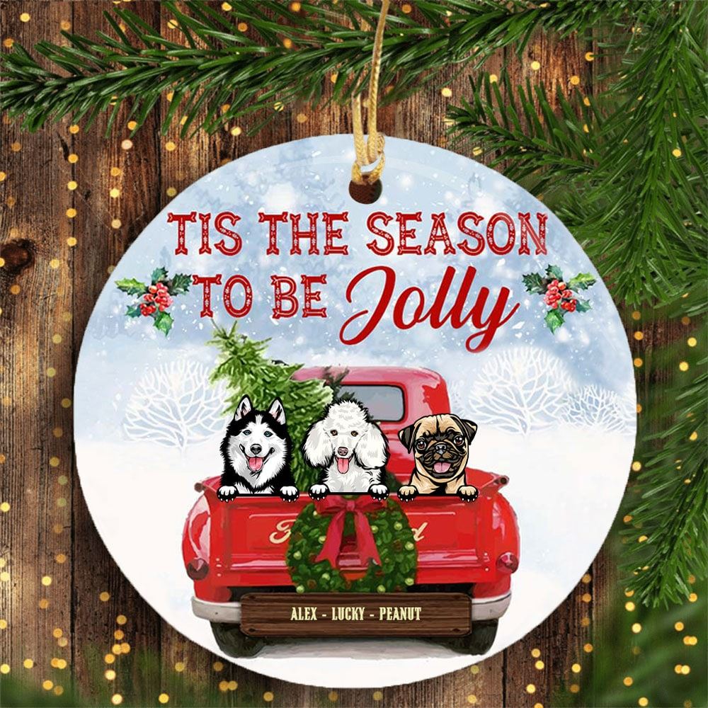 Personalized Dog Red Truck Tips The Season To Be Jolly Christmas Circle Ornament