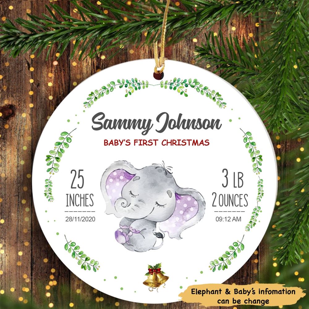 Personalized Elephant Baby First Christmas Circle Ornament