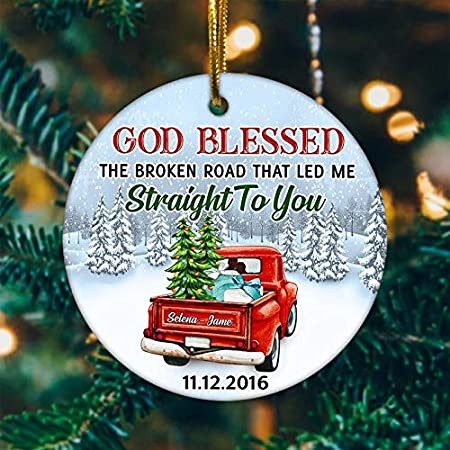 Personalized Engaged Married Couple Ornament - God Blessed The Broken Road That Led Me Straight To You Red Truck Pine Tree Ornament - Perfect Wedding Engagement Presents