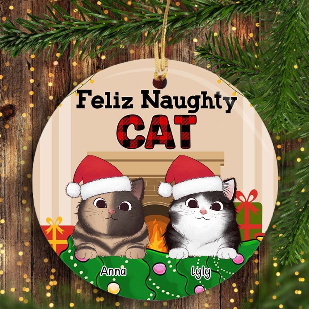 Personalized Feliz Naughty Cat Christmas Circle Ornament