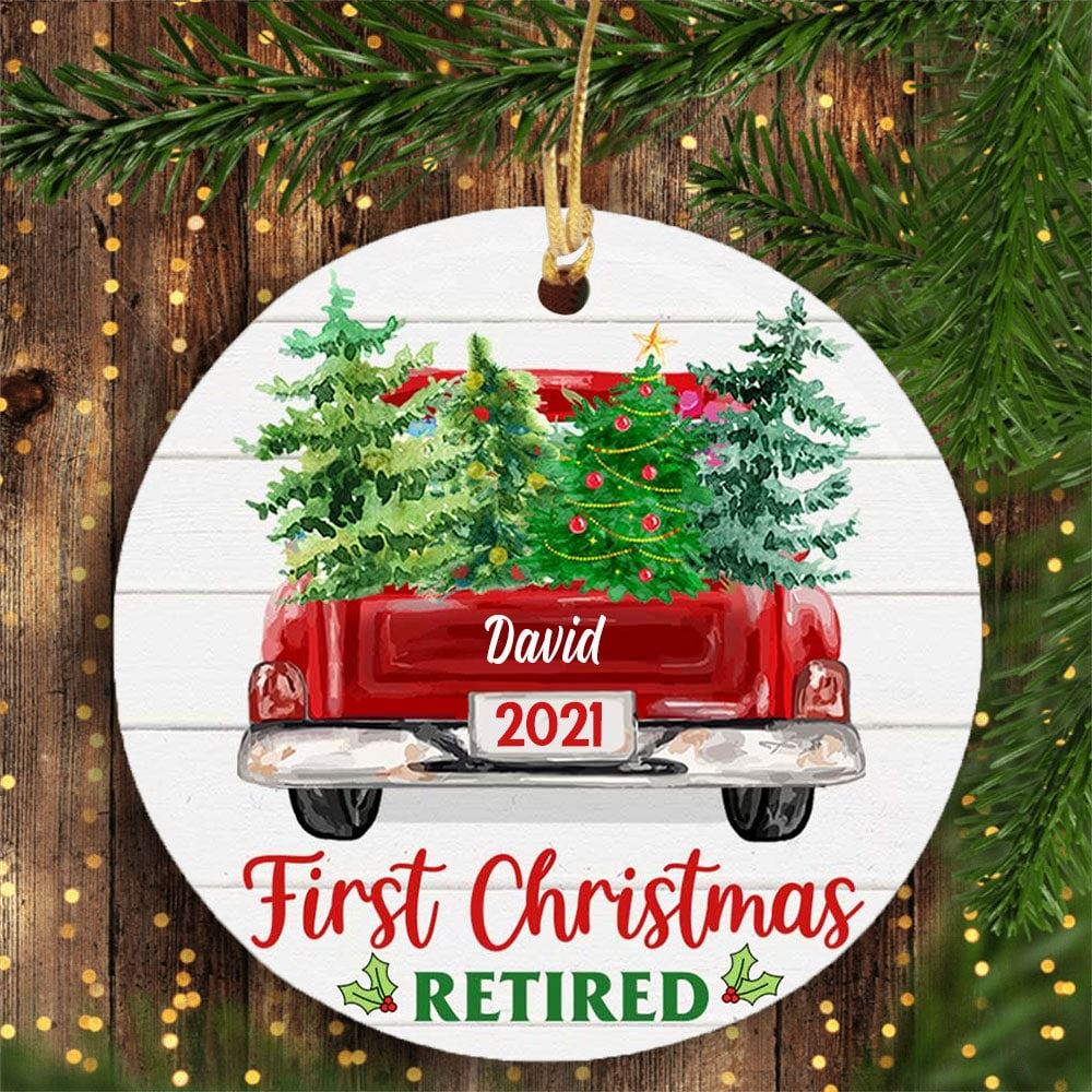 Personalized First Christmas Retired Car Truck Circle Ornament