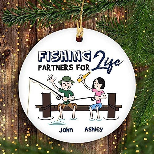 Personalized Fishing Couple Husband And Wife Mom Dad Grandpa Grandma Ornament - Customize Fishing Partners For Life Circle Heart Oval Star Plastic Mdf Ornament -ghepten-a44z212