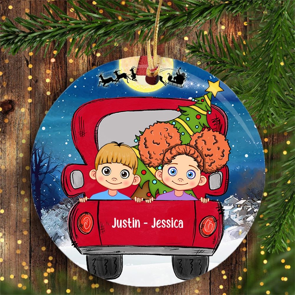 Personalized Kid Mom Dad Grandma Grandpa Red Truck Circle Ornament