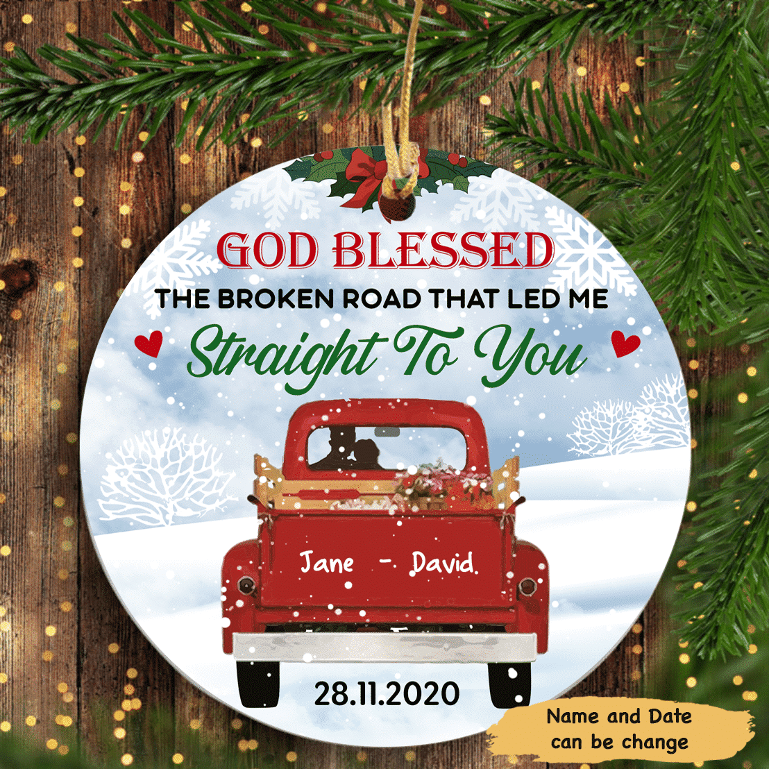 Personalized Love Couple Red Truck Christmas Ceramic Ornament