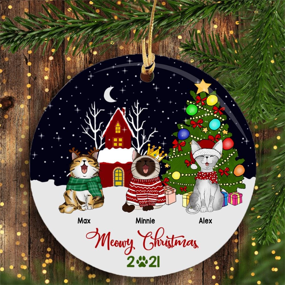 Personalized Meowy Christmas 2021 Stars Night Sky Circle Ceramic Ornament Cat Lovers Decorative Christmas Ornament