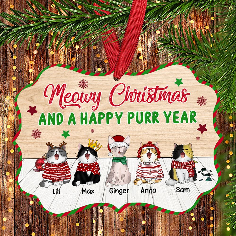 Personalized Meowy Christmas And A Happy Purr Year Custom Aluminum Ornament Christmas Gift For Cat Lovers