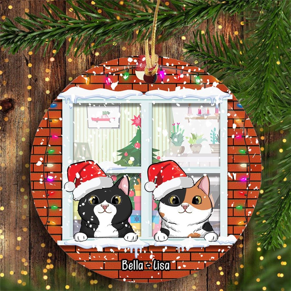 Personalized Meowy Christmas Cat At Window Circle Ornament Gift For Cat Lovers