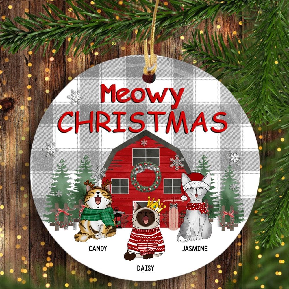 Personalized Meowy Christmas Grey And White Plaid Circle Ceramic Ornament Cat Lovers Decorative Christmas Ornament