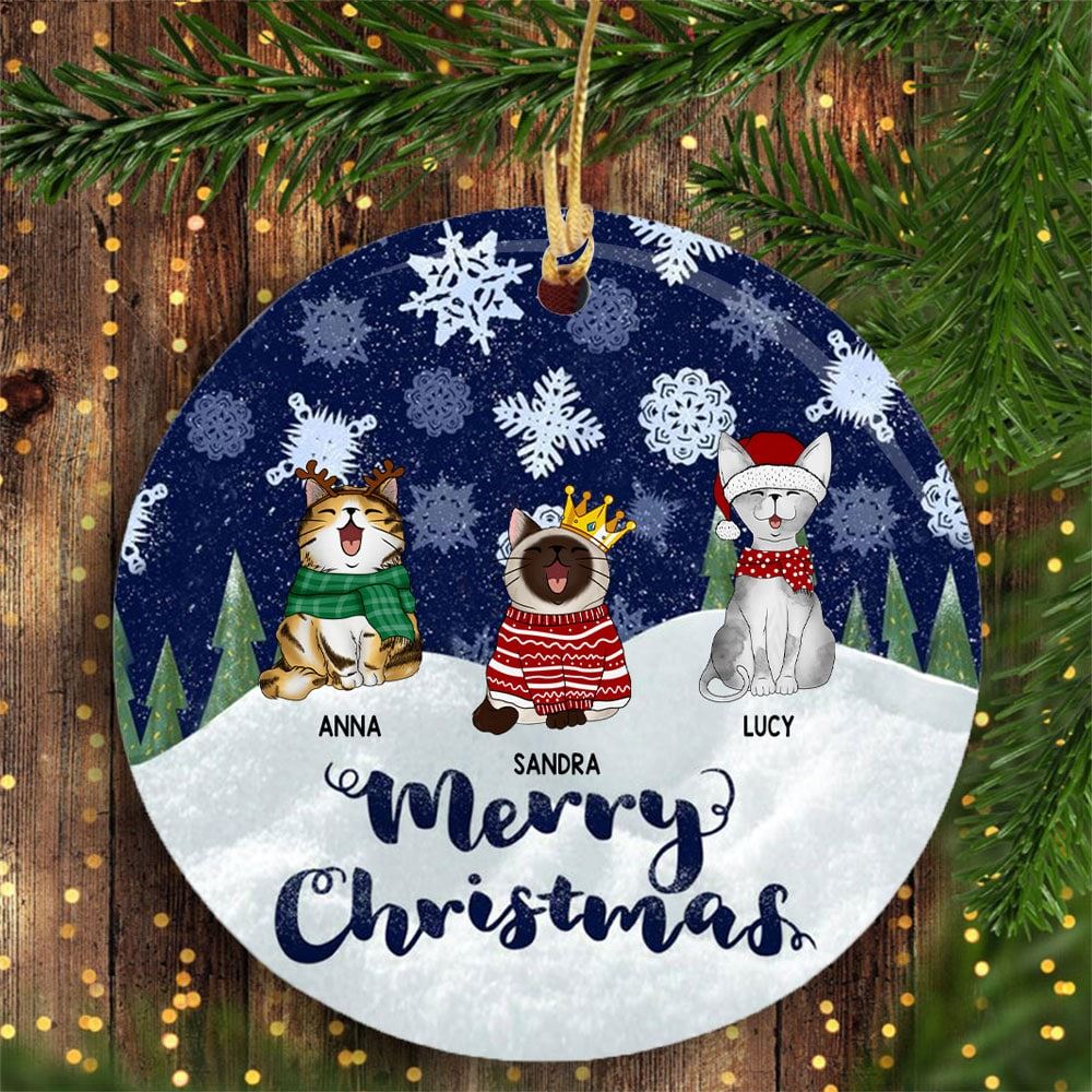 Personalized Merry Christmas White Snowflake Navy Circle Ornament Cat Lovers Decorative Christmas Ornament