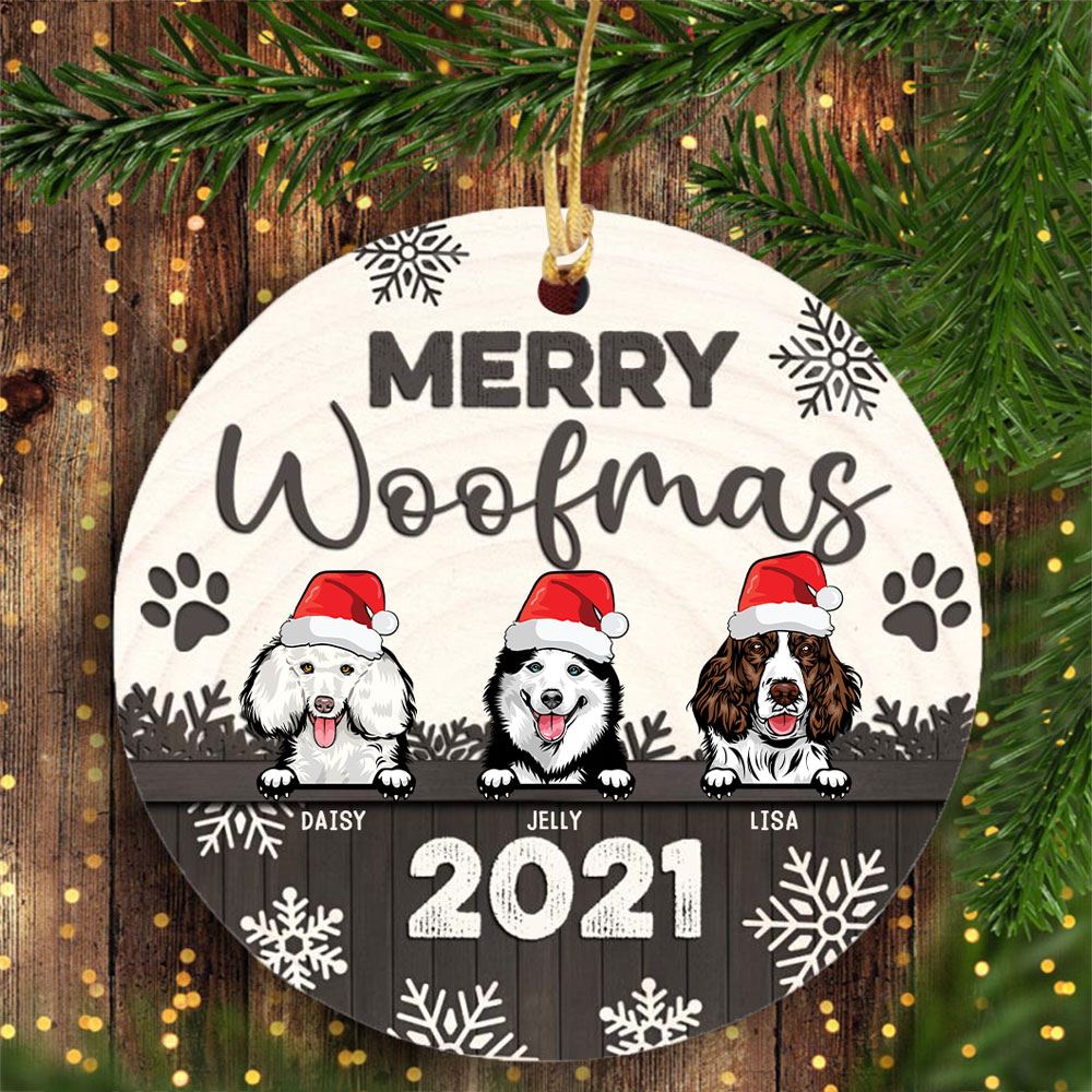 Personalized Merry Woofmas Brown Wooden Circle Ceramic Ornament Christmas Gift For Dog Lovers