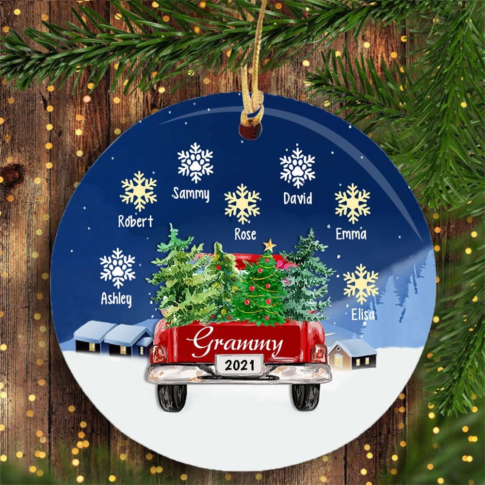 Personalized Mom Grandma Red Truck Christmas Circle Ornament