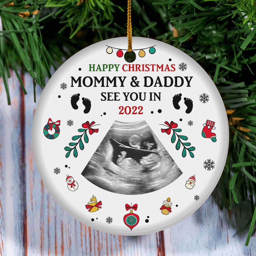 Personalized Mommy And Daddy Happy Christmas Ornament Gift For New Parent With Sonogram