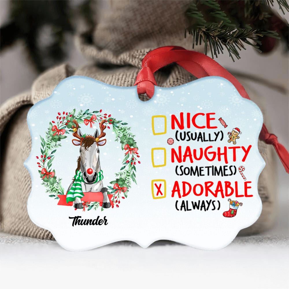 Personalized Nice Naughty Adorable Horse Wreath Ornament Christmas Gift For Horse Lovers