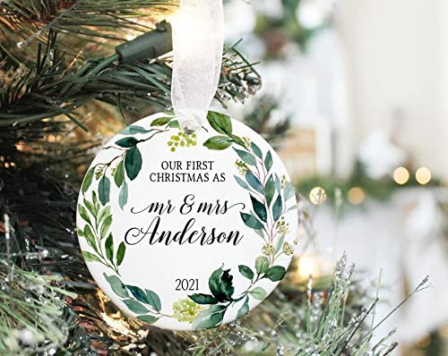 Personalized Our First Christmas As Mr And Mrs Ornament Wedding Gifts For Couple Engagement Circle Oval Heart Star Ornament