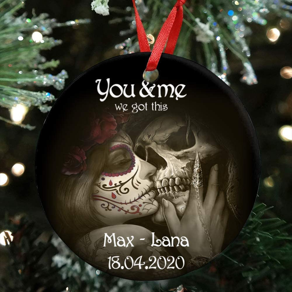 Personalized Skull Tattoo Girl Skeleton Couple Christmas Ornament - Custom Name And Date You And Me We Got This Ornament - Love Husband Wife Wedding Anniversary Tattoo Artist Ornament