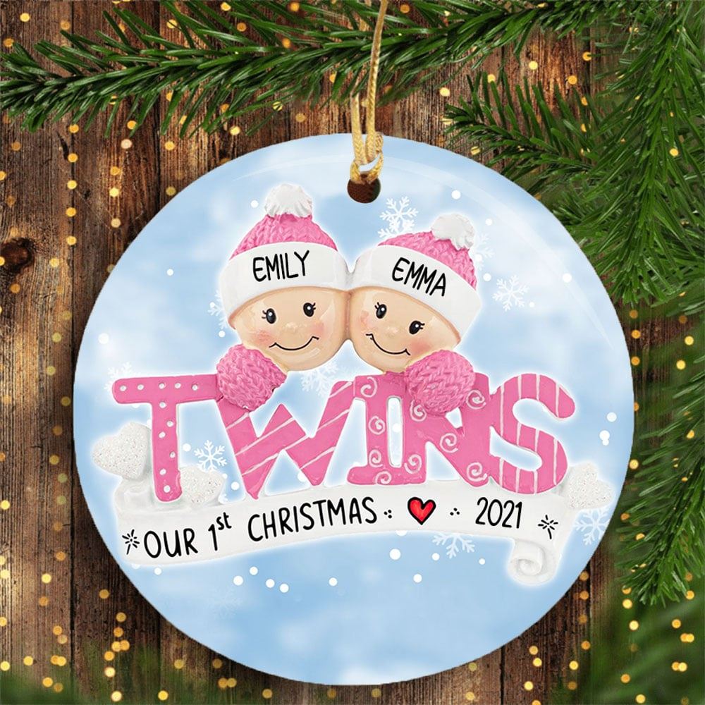 Personalized Twin Babys First Christmas Ornament Pink Twin Girls Newborn Gift