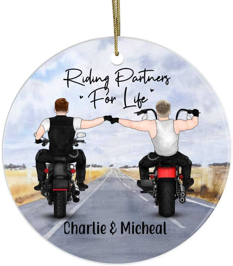 Riding Partners For Life Christmas Ornament Personalized Circle Ornament - Two Men Biker Partners Custom Gift For Motorbike Lovers