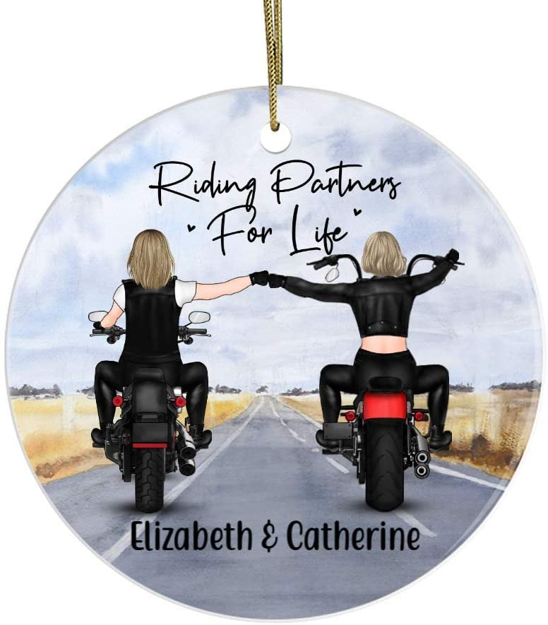 Riding Partners For Life Christmas Ornament Personalized Circle Ornament - Two Women Biker Partners Custom Gift For Motorbike Lovers