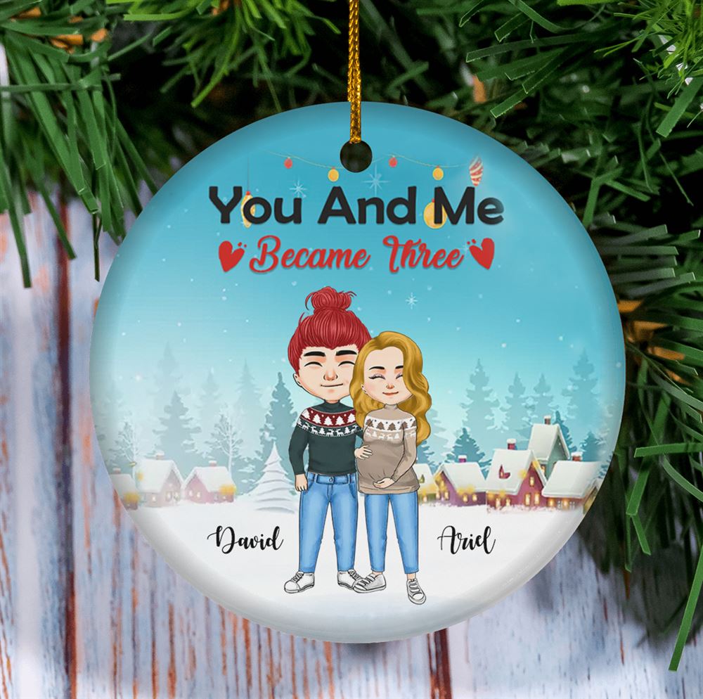 You And Me Became Three Personalized Custom Maternity Pregnancy Announcement Circle Ceramic Ornament Pregnant Gift For Mom To Be