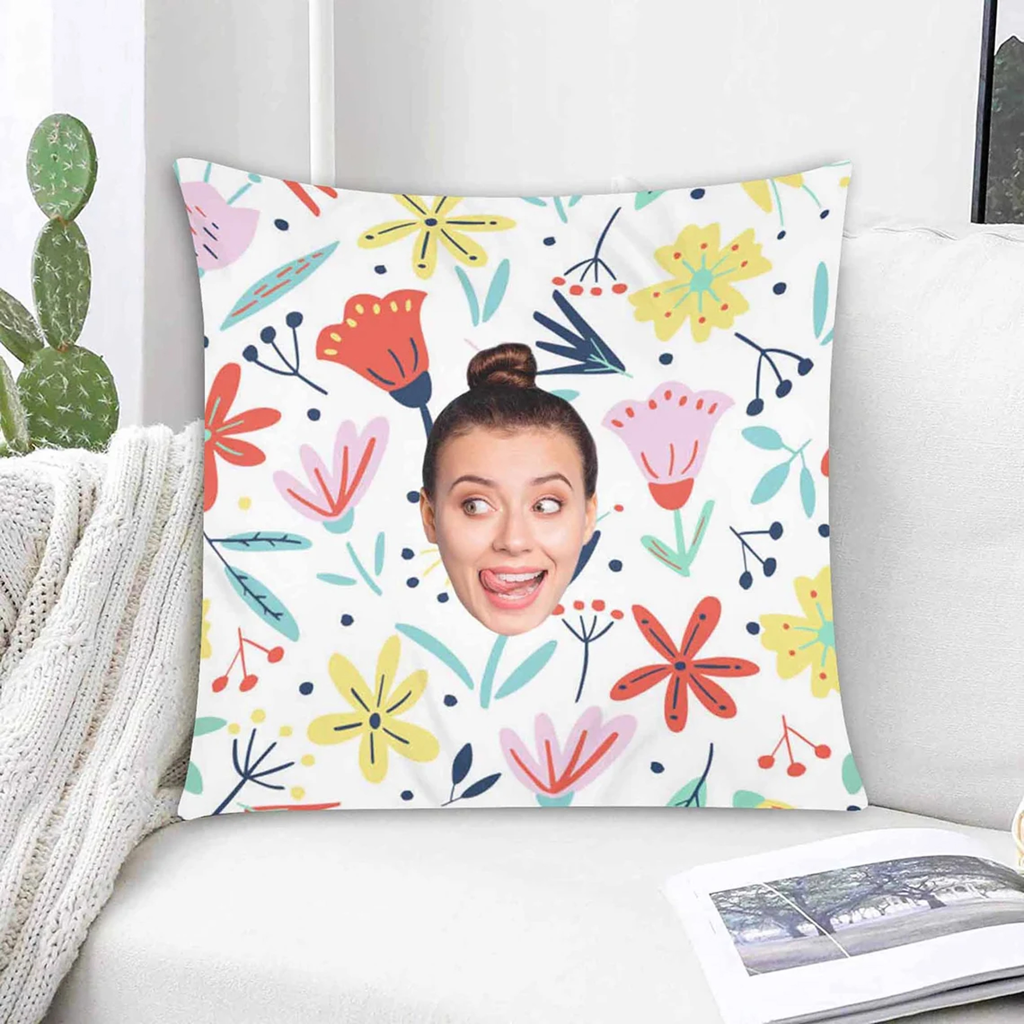 Colorful Floral Custom Face Photo Pillow Cases Gift For Her Home Decor Colorful Floral Custom Face Photo Pillow Cases Gift For Her Home Decor