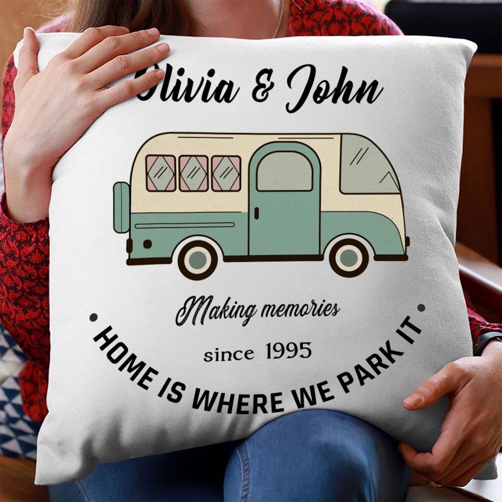 Personalised Campervan Camp Retro Caravan Pillow Couple Travel Gift For His And Her