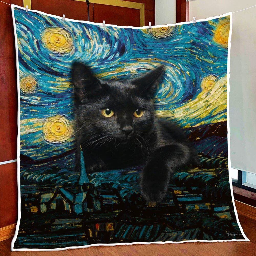 Black Cat Starry Night Quilt Blanket