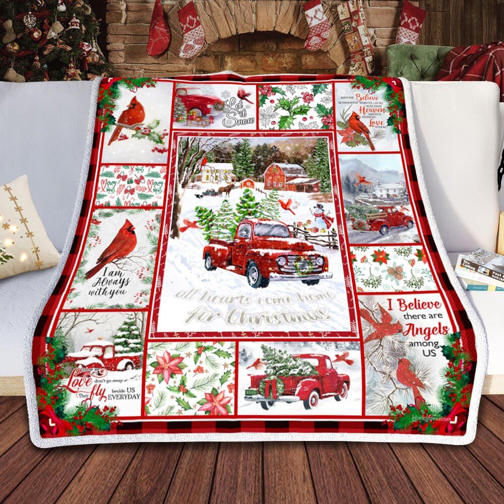 Cardinals All Hearts Come Home For Christmas Red Truck Quilt Blanket