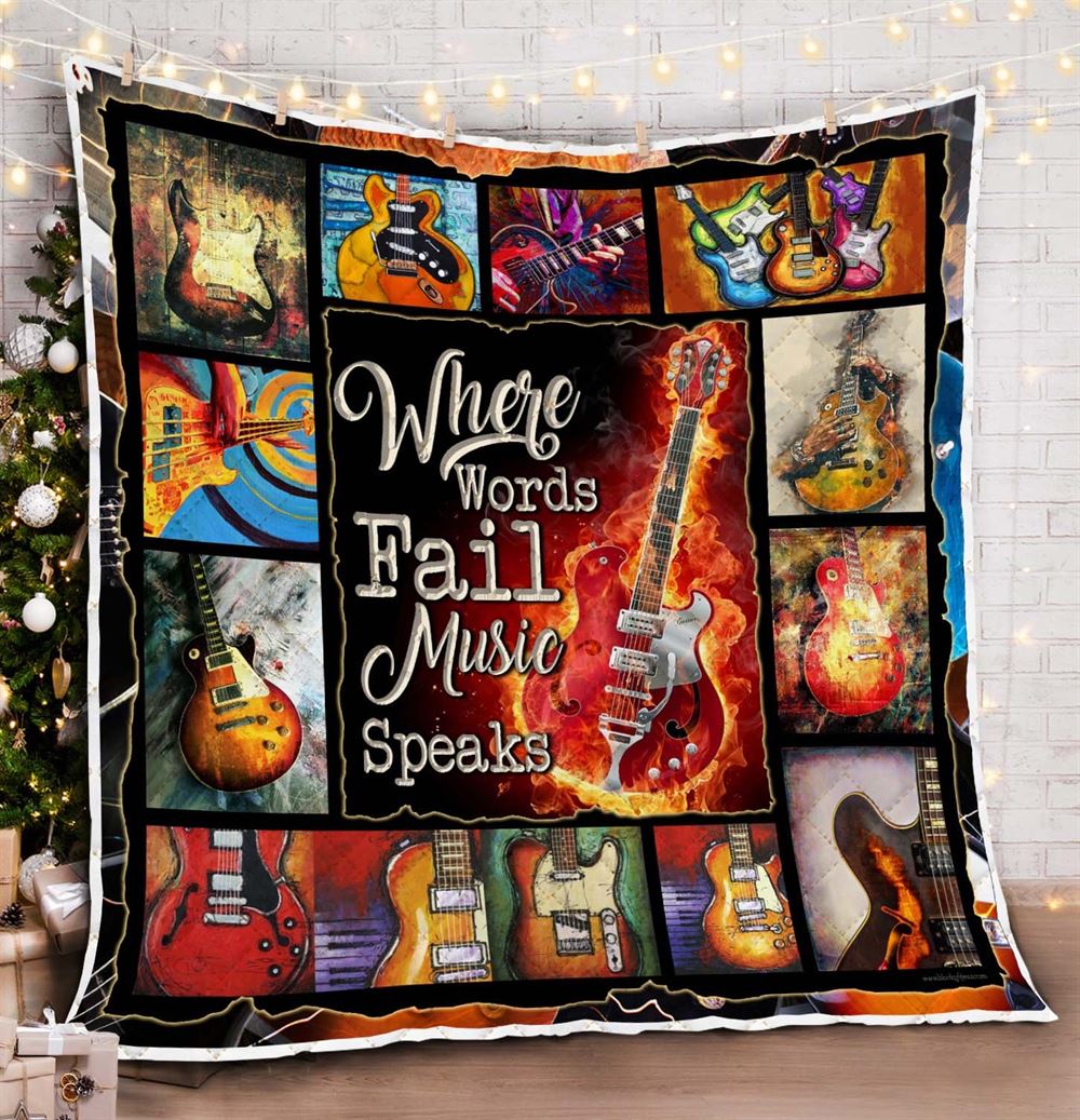 Electric Guitar Where Words Fail Music Speaks Quilt Blanket