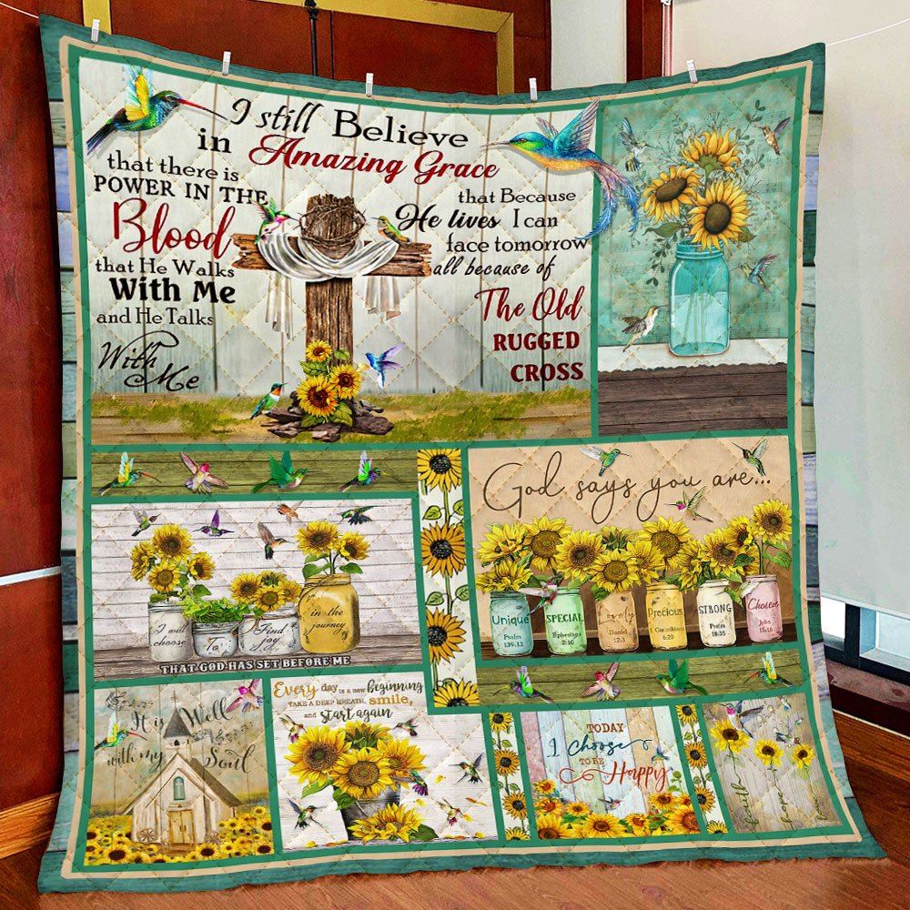 Jesus Christ Hummingbirds Sunflower I Still Believe In Amazing Grace Quilt Blanket