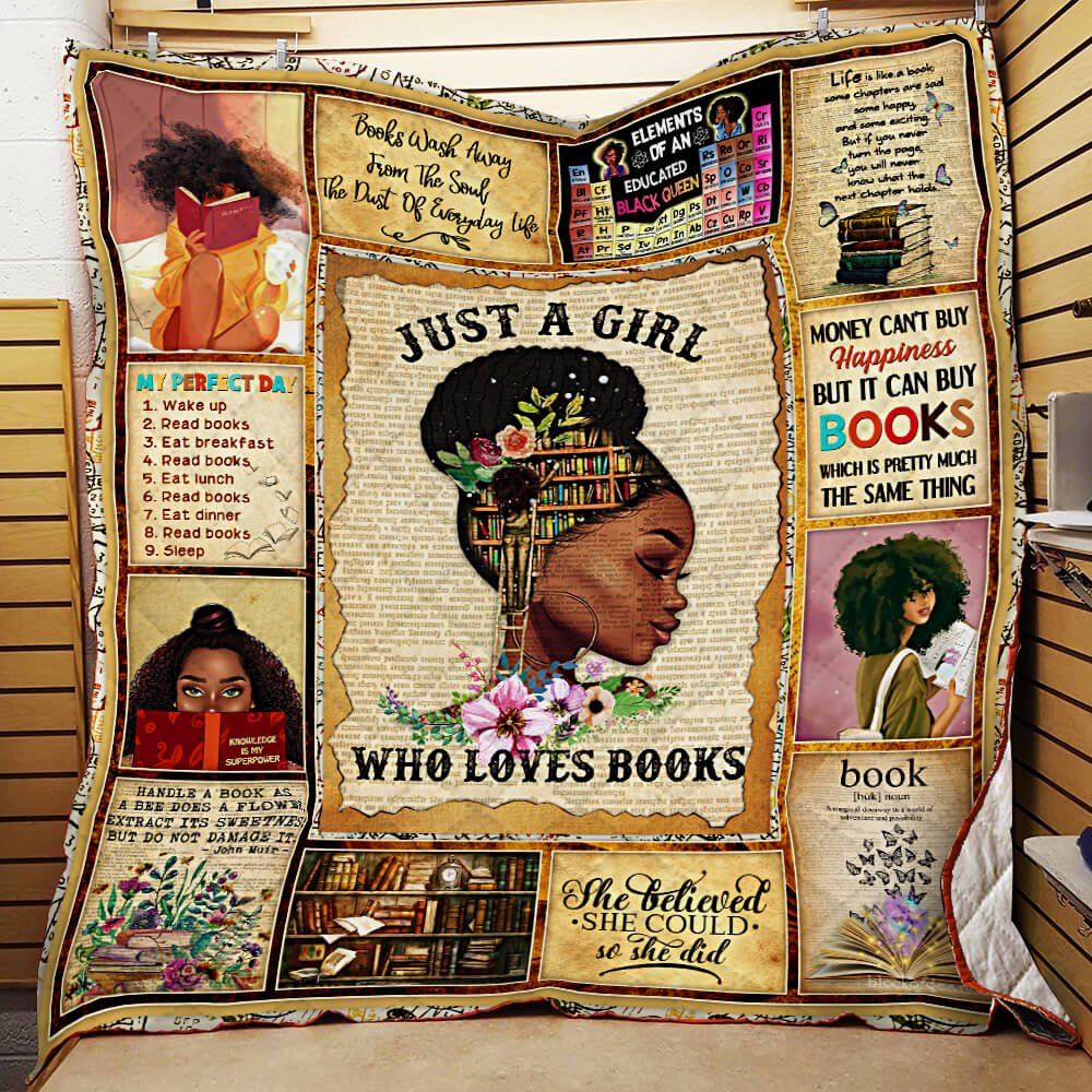 Just A Girl Who Loves Books Black Girl Quilt Blanket