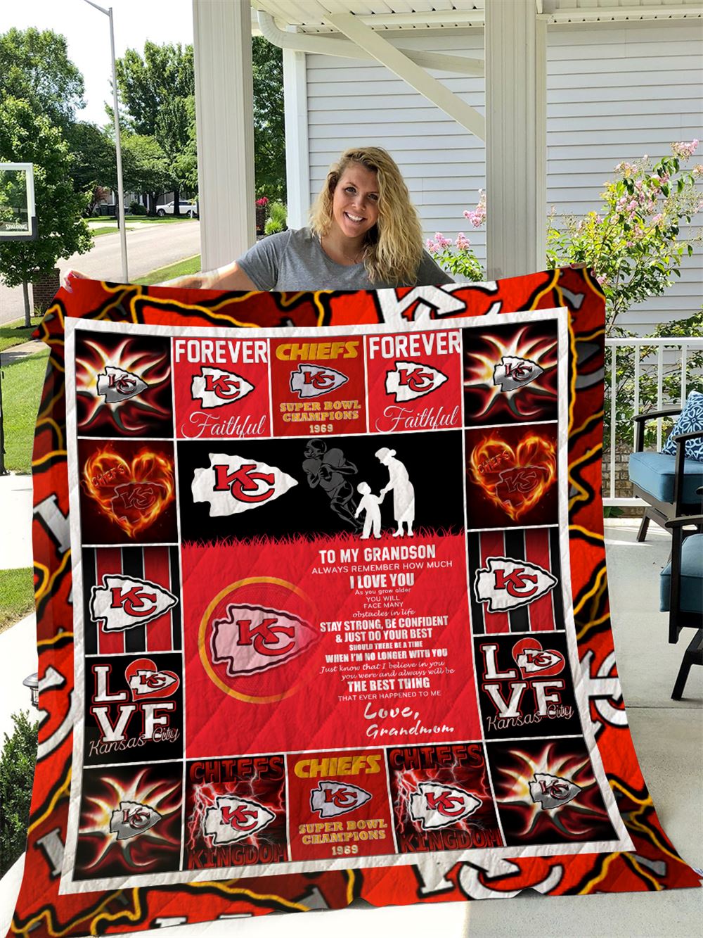 Kansas City Chiefs To My Grandson Love Grandmom Quilt