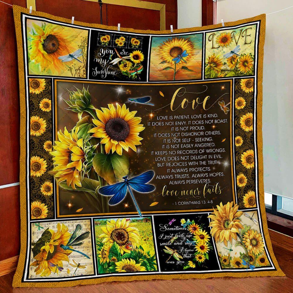 Love Never Fails Dragonfly And Sunflower Quilt Blanket