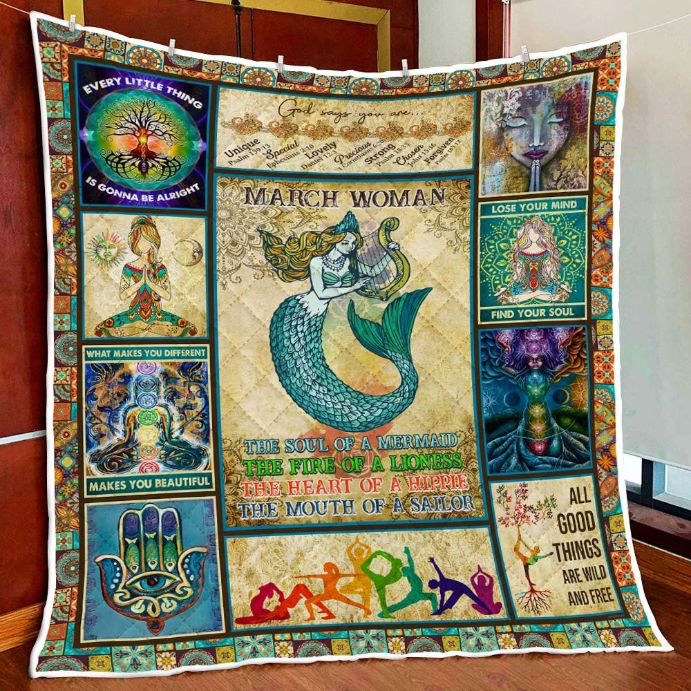 March Woman The Soul Of A Mermaid Yoga Lover Quilt Blanket