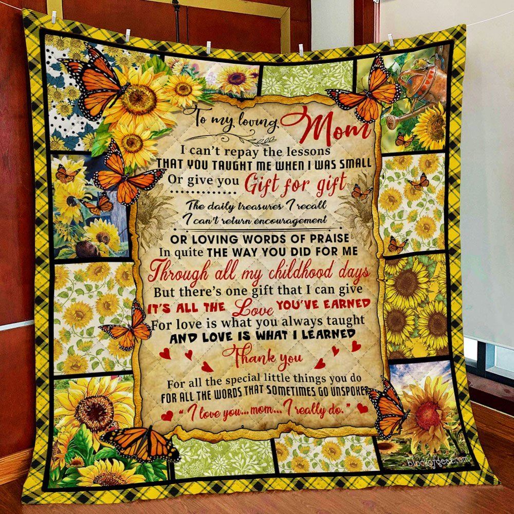 Mother My Loving Mom Sunflower Butterfly Quilt Blanket