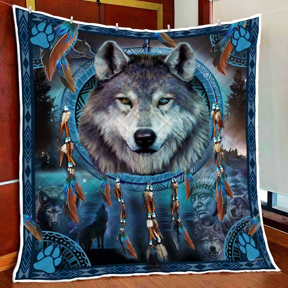 Native American Wolf Blanket Blue Native Wolf Spirit Quilt Blanket