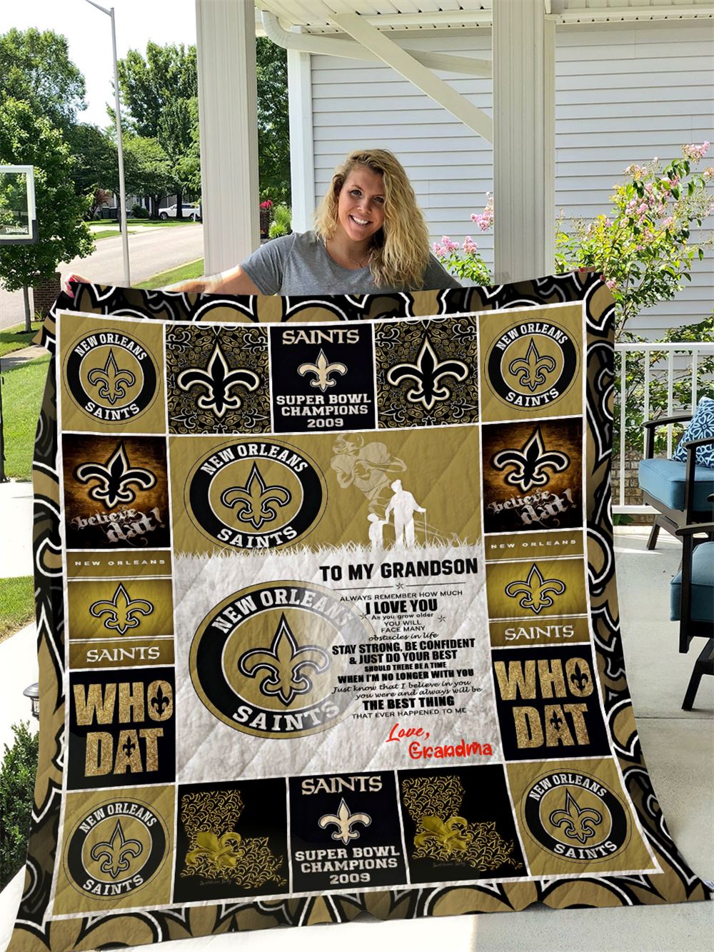 New Orleans Saints To My Grandson Love Grandmom Quilt