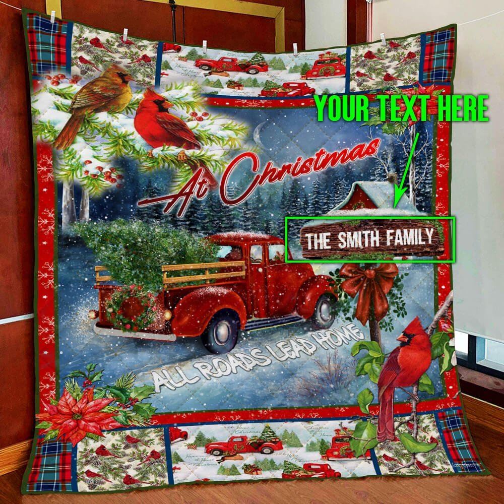 Personalized Christmas Red Truck Custom Name Quilt Blanket