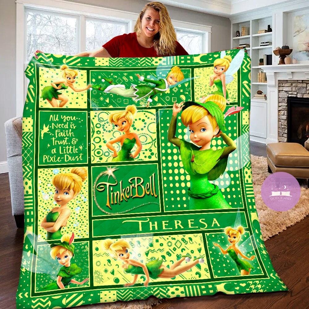 Personalized Disney Tinker Bell Quilt Blanket Tinker Bell Fleece Blanket Tinker Bell Birthday Theme Disney Tinkerbell Christmas Gifts