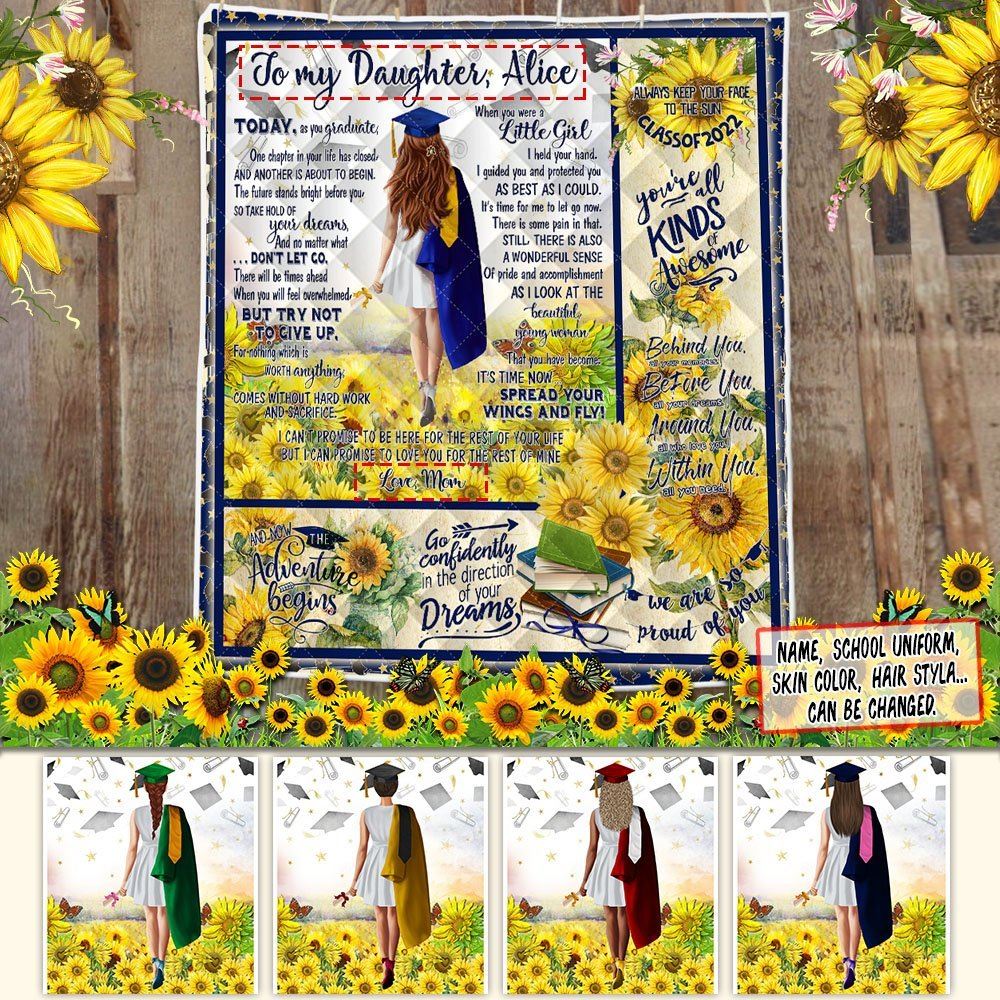 Personalized Graduation For Girl To My Daughter Granddaughter Graduation Class Of 2022 Sunflower Quilt Blanket Thh3048qctv2