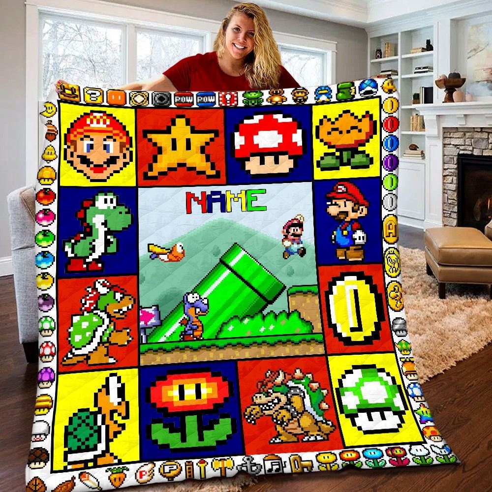 Personalized Super Mario Quilt 32 Bit Super Mario Blanket Super Mario Pixel Art Birthday Gifts Mario Game Gifts For Kids