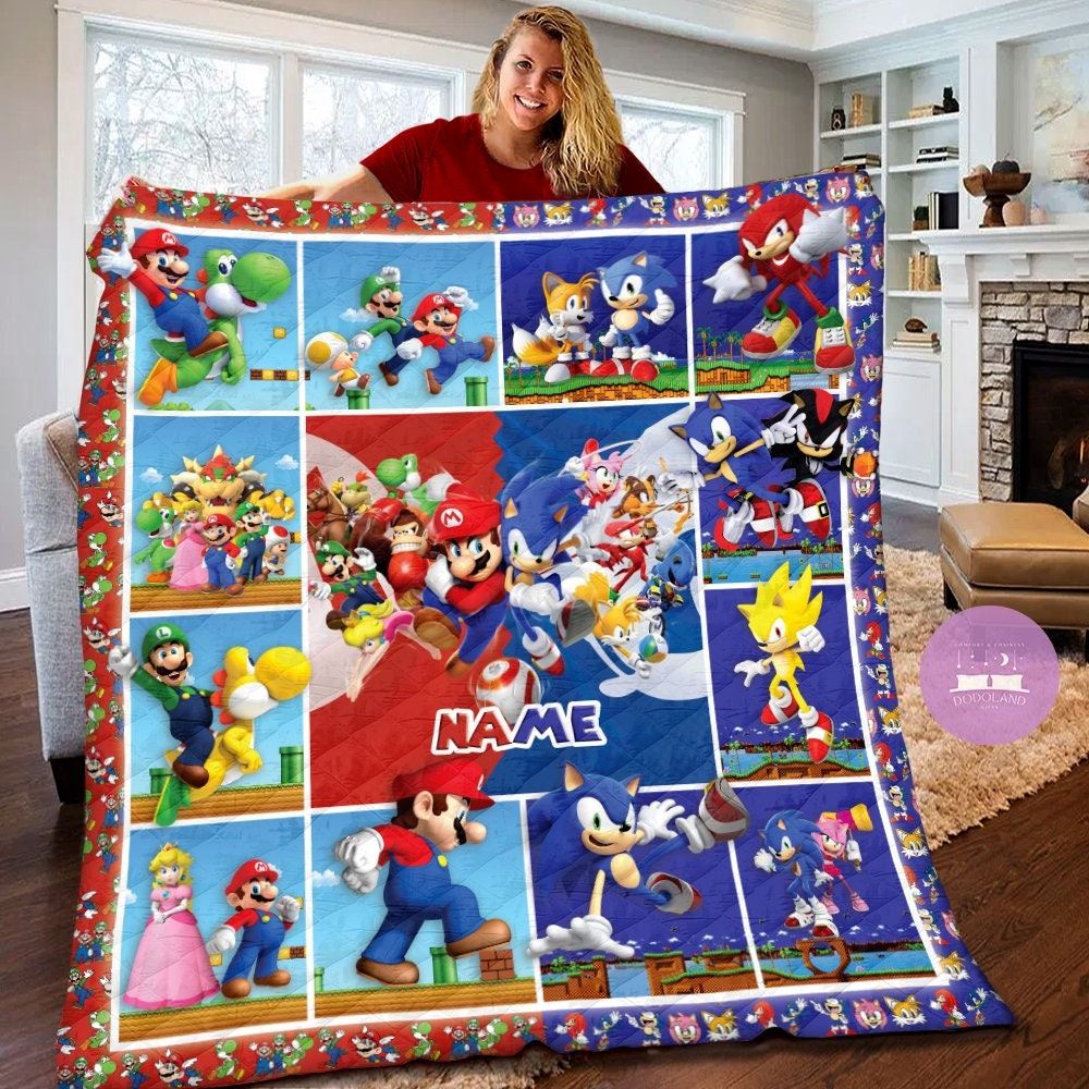 Personalized Super Mario X Sonic Quilt Banket Mario Sonic Fleece Blanket Super Mario Sonic Theme Party Super Mario Game Gifts For Kids