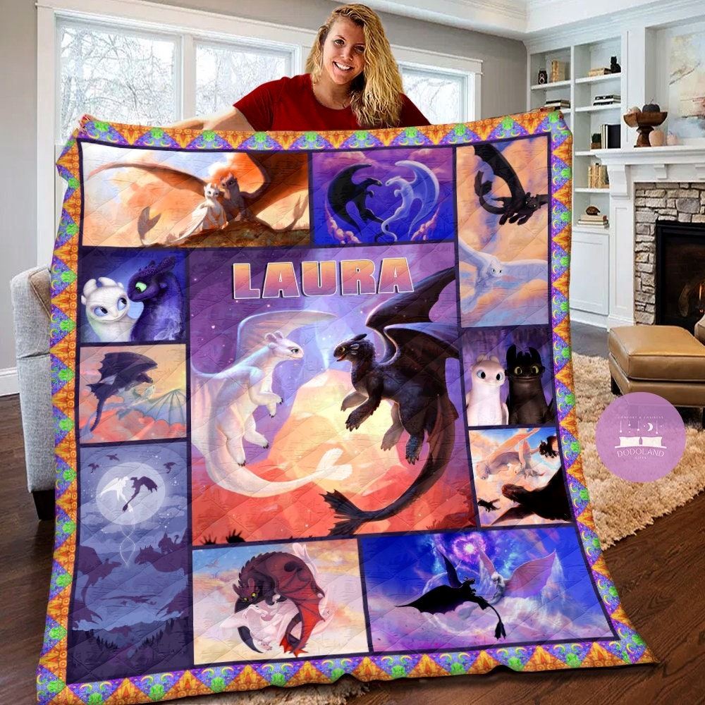 Personalized Toothless And Light Fury Quilt Toothless And Light Fury Fleece Blanket Toothless And Light Fury Valentine Gifts