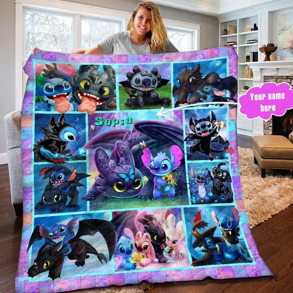 Personalized Toothless And Stitch Quilt Stitch Toothless Blanket Stitch Toothless Dragon Birthday Theme Stitch Christmas Gift For Kids